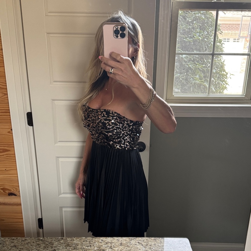 As U Wish Black Strapless Mini Dress with Gold & Black Sequin Bodice - Size XS